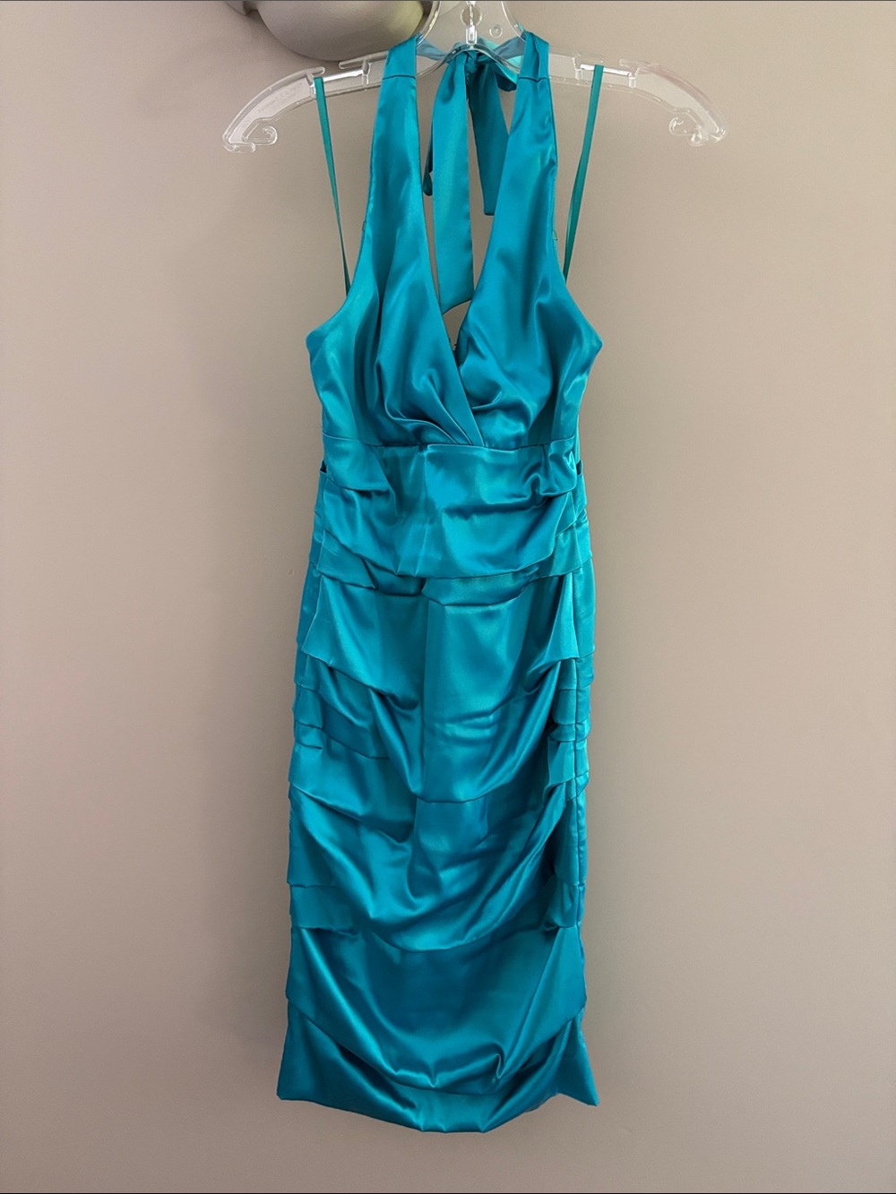le chateau Teal Satin Halter Midi Dress